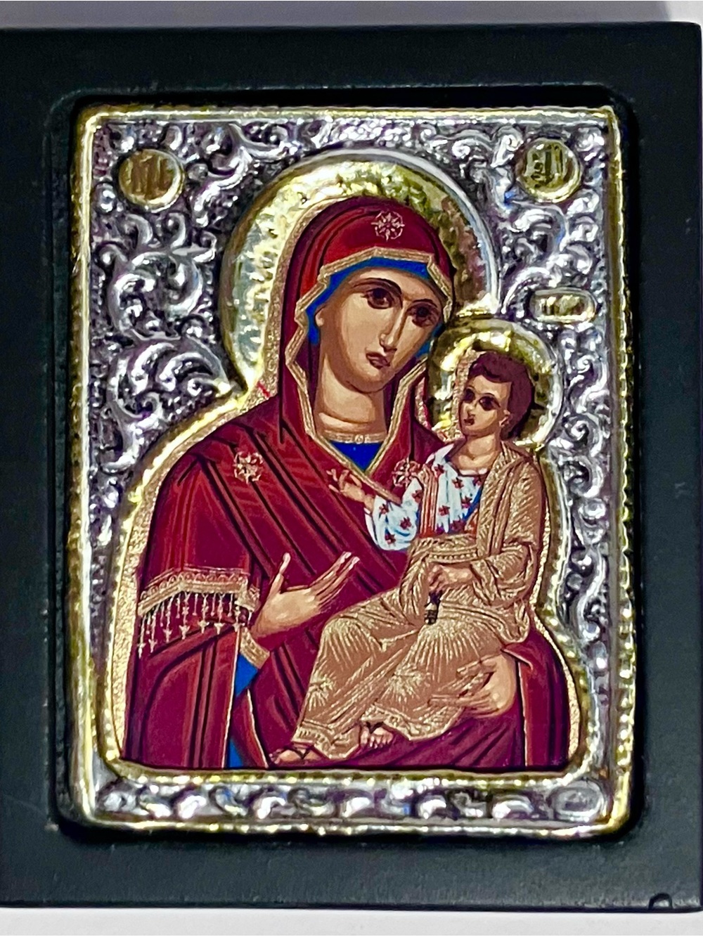 Miniature RUSSIAN ICON in Sterling Silver / MARY & JESUS / Hand Painted / 2.5x3